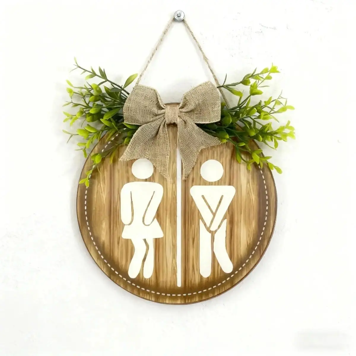Rustic Farmhouse Wood Sign for Bathroom, Round Decorative Door Hanger with Leaf Pattern, Hanging Home Decor Products, Paper