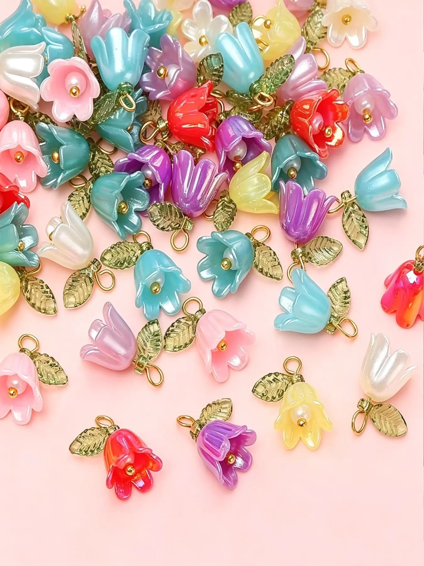 30pcs/50pcs Colorful Lily Of The Valley Pendant, Cute Pendant, Flower Pendant With Leaves, Suitable For Necklaces, Bracelets, Earrings, DIY Accessories, Handmade Beaded Materials,Hairpins, Car Pendants,Ear Jewelry Accessories, Random Colors