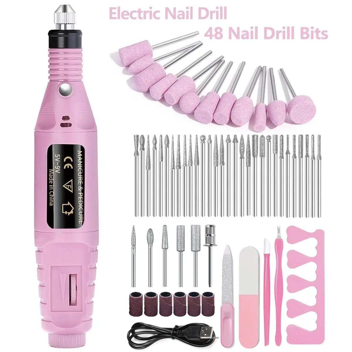 LULAA Portable USB Electric Nail Drill Machine Pink Nail File E-file with 48 Pcs Multi-function Nail Drill Bits, Adjustable Speed Nail Polishing Kit for Gel Acrylic Nails Removing Trimming Polishing, DIY Home Salon Manicure Pedicure Nail Art Tools