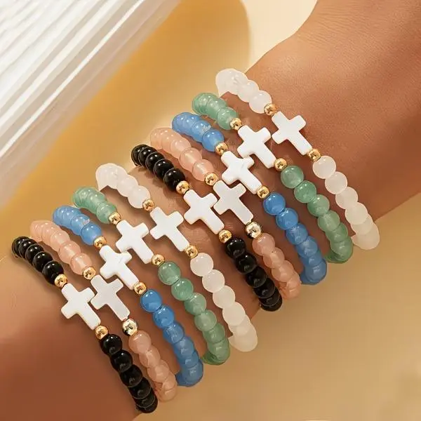 Women's Bracelets & Bangles, 15-Piece Stackable Glass Set in a Multicolor Mix, Colorful Cross Decorative Fashion Accessory, Gift for Family & Friends, Daily Wear, Unisex, Colorful Cross Embellished Bracelets & Bangles, Cross Decorative Bracelets & Bangles