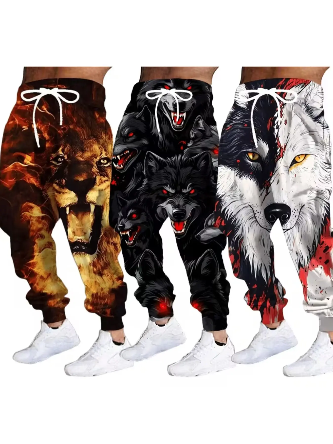 3 Piece Set Dark Wolf King Lion Print Sweatpants, Plus Size Men's 3D Animal Pattern, Trendy Loose Fit Joggers, Casual Ankle Length Pants