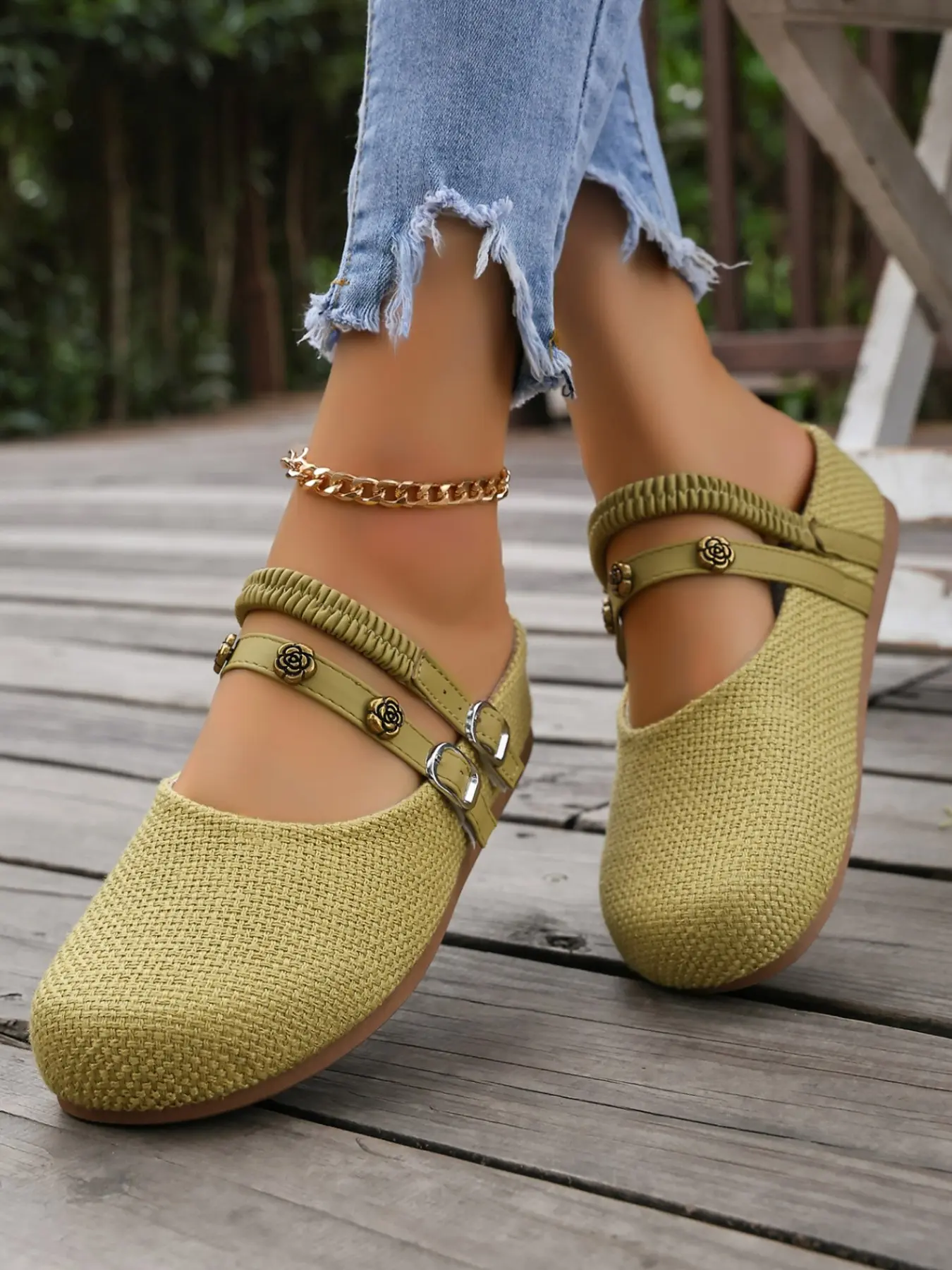 Women's Linen Weave Breathable Mules, Slip-On Comfort Shoes, Ideal for Shopping and Walking, Casual All-Season Footwear, Streetwear Mules