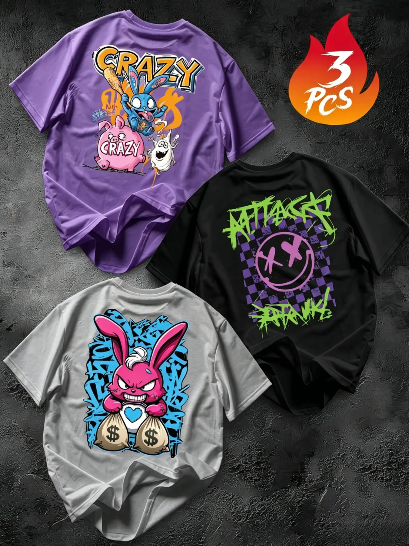 3-Pack Plus Size Men's Round Neck T-Shirts, Cartoon Bunny Graffiti Print Streetwear, Loose-Fit Casual Long T-Shirt Set, Comfortable for Home & Travel