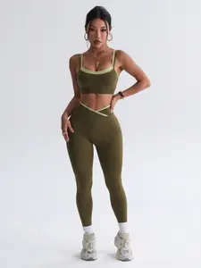 Contrast Binding Seamless Yoga Matching Set Double Thin Strap Bra Wrap Cross Waist Butt Sculpt Gym Leggings