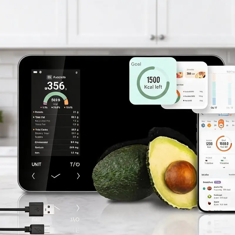Intelligent Digital Kitchen Weigh Scale With Integrated Nutrition Tracking Feature, Matching App Monitors 19 Nutrient Metrics Such As Calories And Macros, Supports Gram And Ounce Units For Weight Control, Streamlined Stainless Steel Build