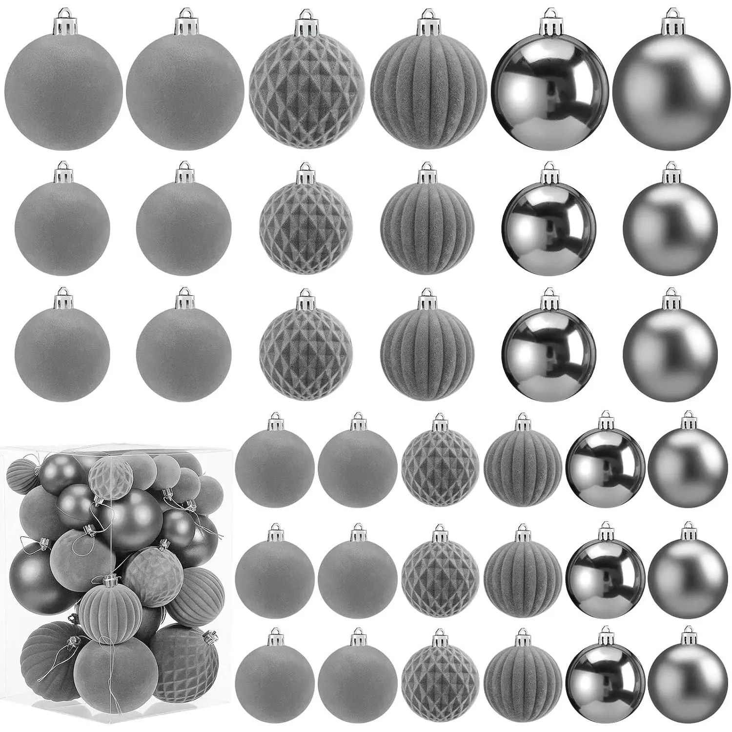 42 count  Christmas Ornaments Set Flocked Grey Christmas Ball Ornaments  Shatterproof Xmas Ball Decor with 5 Styles in 3 Sizes for Xmas Tree Holiday Indoor Outdoor  Decor
