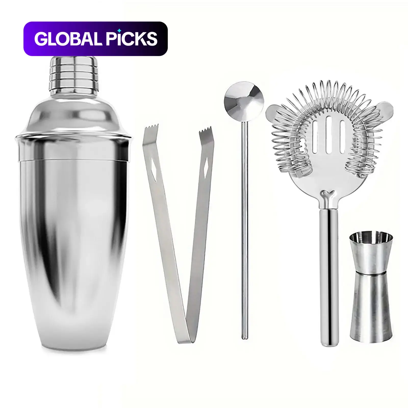 Stainless Steel Bar Utensils Set, 5/6/9 Counts Including Shaker Cup & Mixing Stick & Spoon & Clip & Other Accessories, Cocktail Bar Utensils for Home Party, Bar Tools