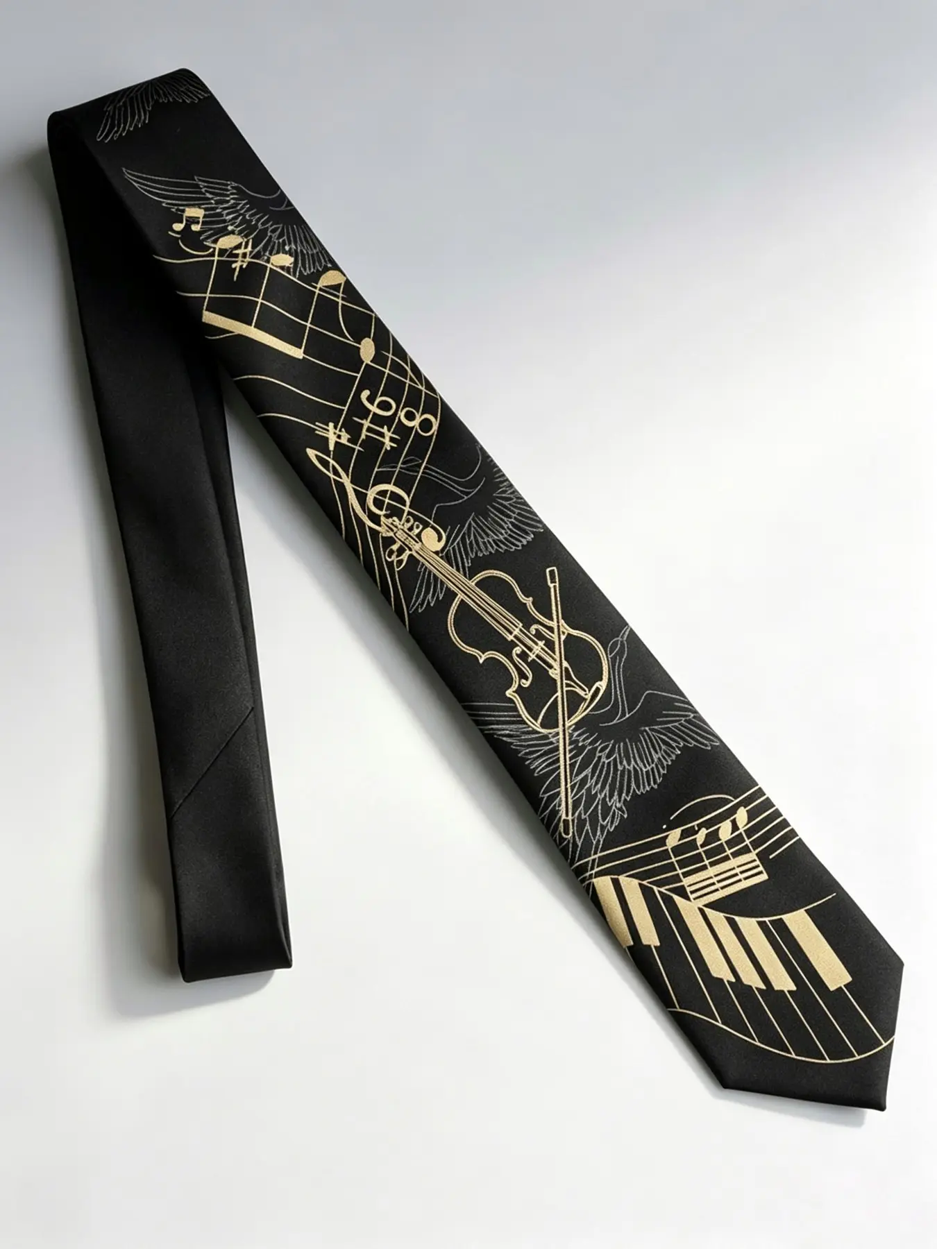 Unique Violin & Music Note Pattern Skinny Tie, 2400 Needle Jacquard Woven, Designer Tie with Gift Box, Artistic Gift for Music Lovers