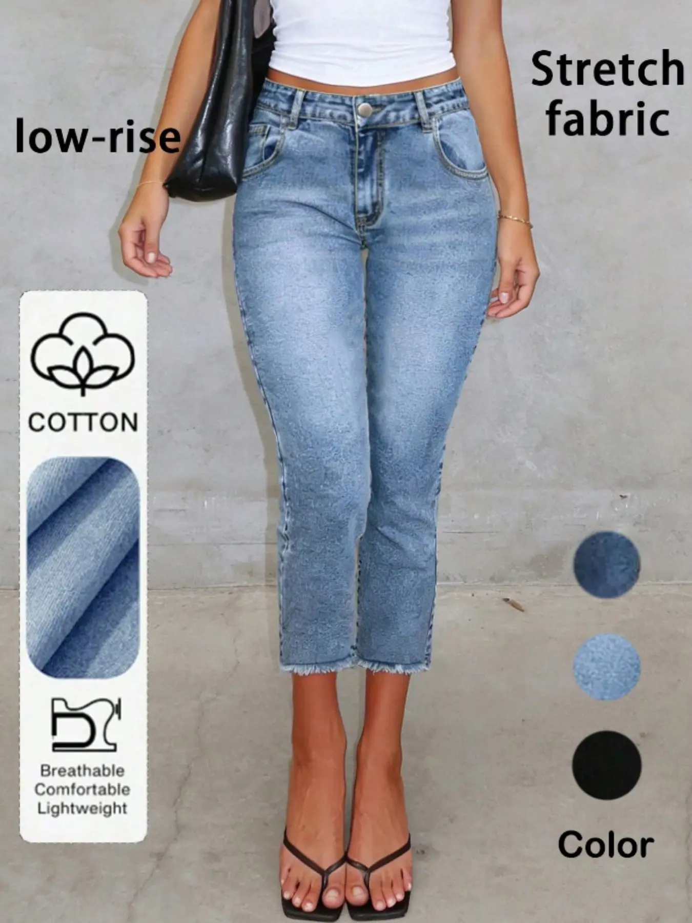 Women's High-Waist Denim Jean Capri Cropped Pants, Elegant Style Fitted Bottoms with Fringe Design, All-Season Casual Elegant Style Button