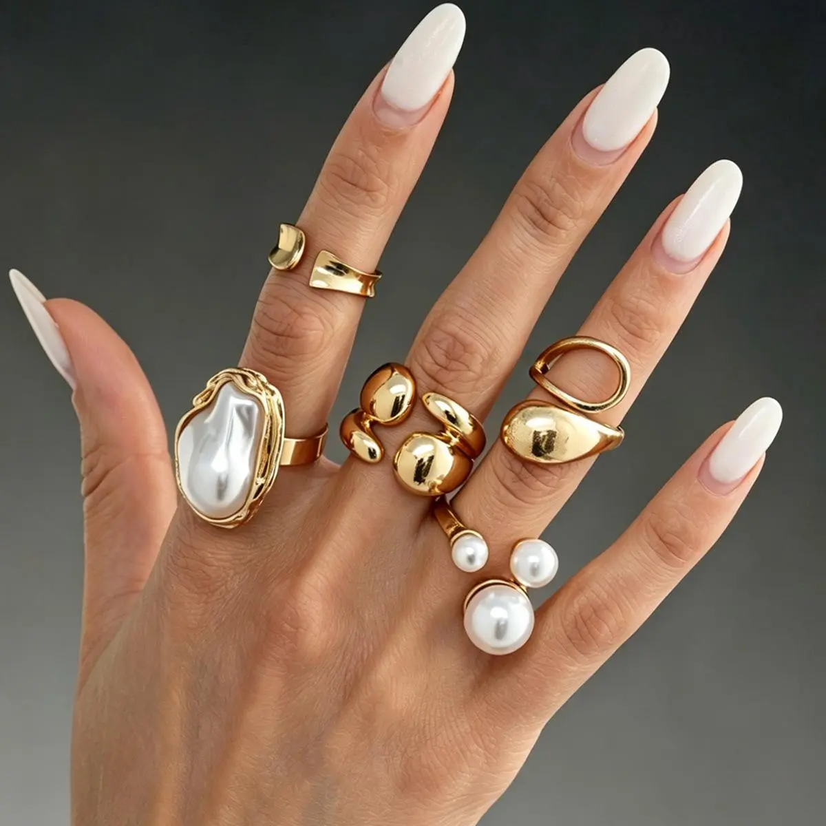 5 Piece Baroque Pearl Ring Set Organic Molten Gold Stackable Rings Y2K Baddie Aesthetic Boho Festival Fashion Jewelry Gift For Women