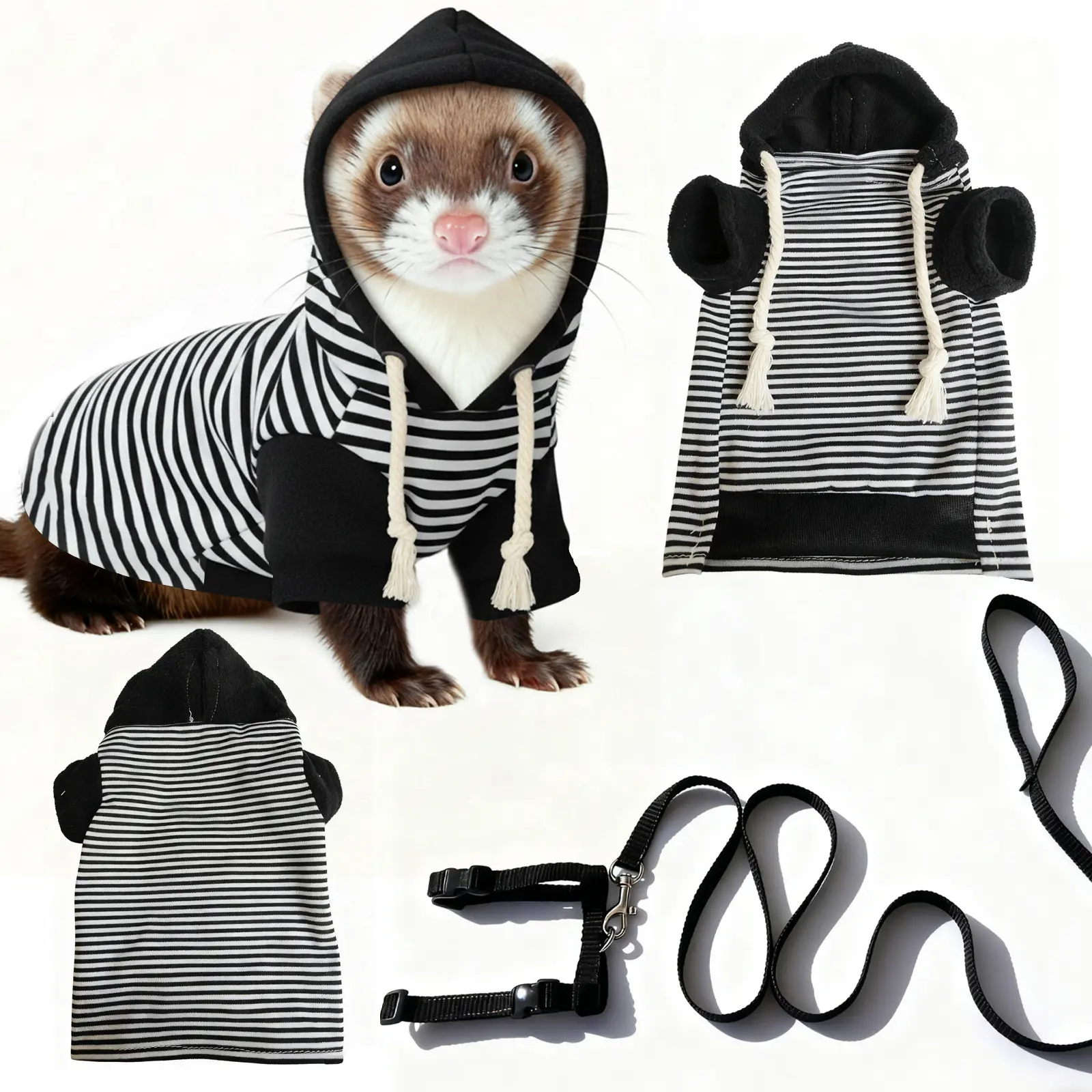 Ferret Warm Hoodie with Matching Harness Leash Set, Soft Pet Ferret Winter Outfit, Breathable Walking Clothes for Small Pet Ferrets Daily Outdoor Travel