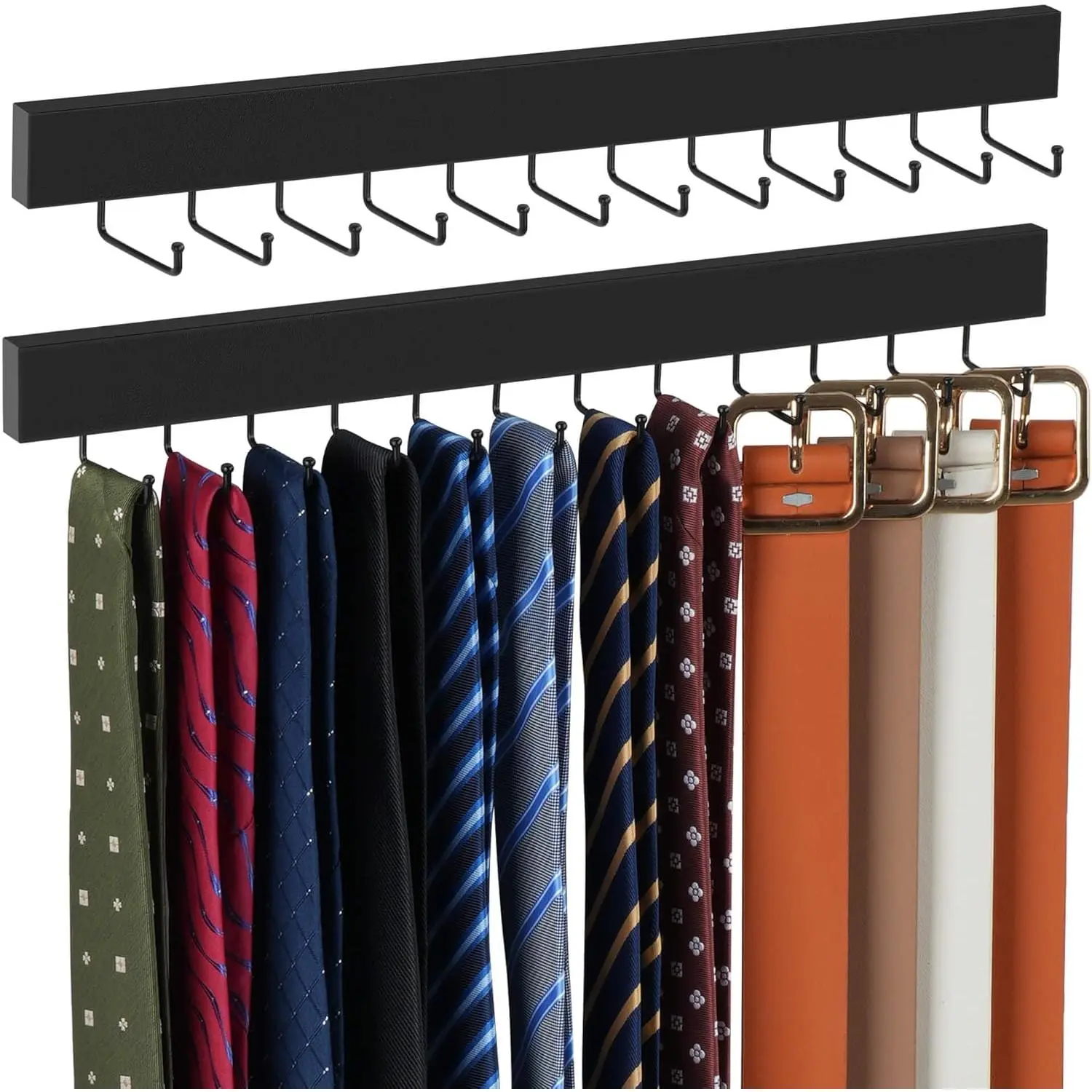 2 Pack Wodden Tie Hanger Wall Mounted, Space Saving Belt Organizer for Man with 24 180° Rotating Hooks, Space Saving Belt Storage Holder, Black
