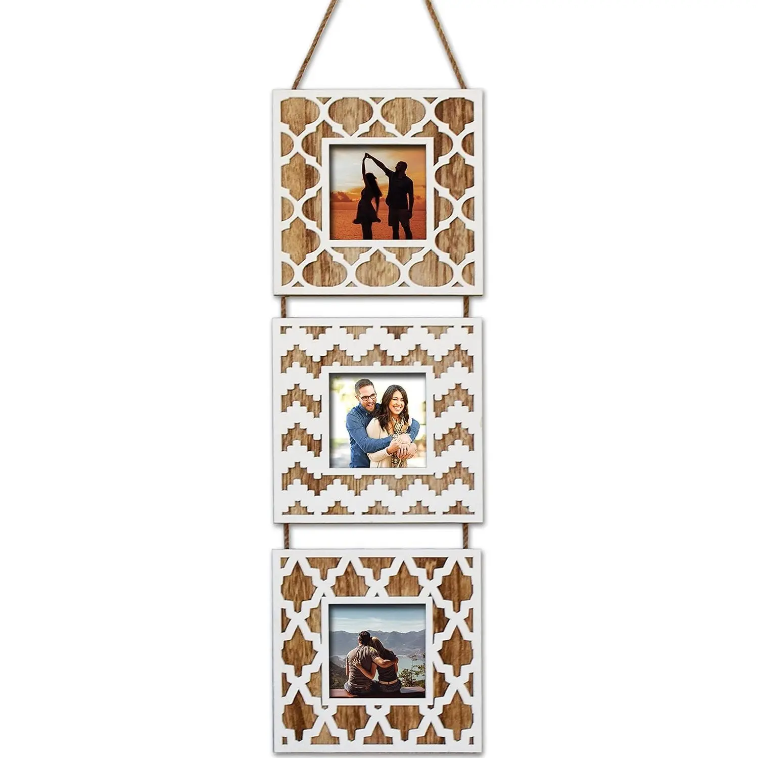 Moorish Damask Moroccan Ethnic Boho 3 count Collage Picture Frames 3.5x3.5 Inches - Jute Strung Wooden Living Room Bedroom Wall Decorations 6.5x21 Inches Vertical
