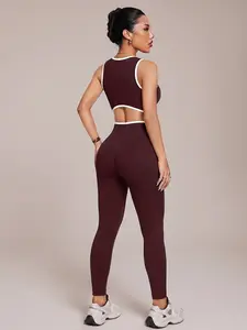 Womens Workout Sets 2 Piece Seamless Crop Tank Top High Waist Leggings Contrast Trim Padded Racerback Bra Yoga Outfits Seamless Gym Outfits Fitness Clothing