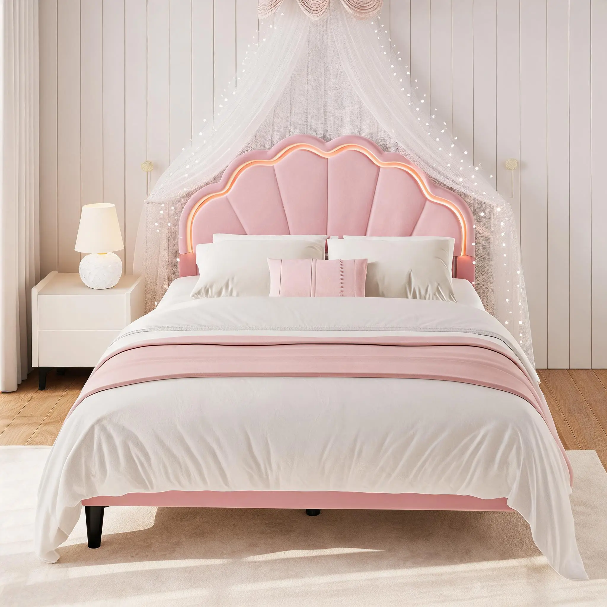 Twin Size Velvet Platform Bed Frame with Seashell Headboard, LED Lights, 700lb Weight Capacity, No Box Spring Needed, Under-Bed Storage, Noise-Free Design