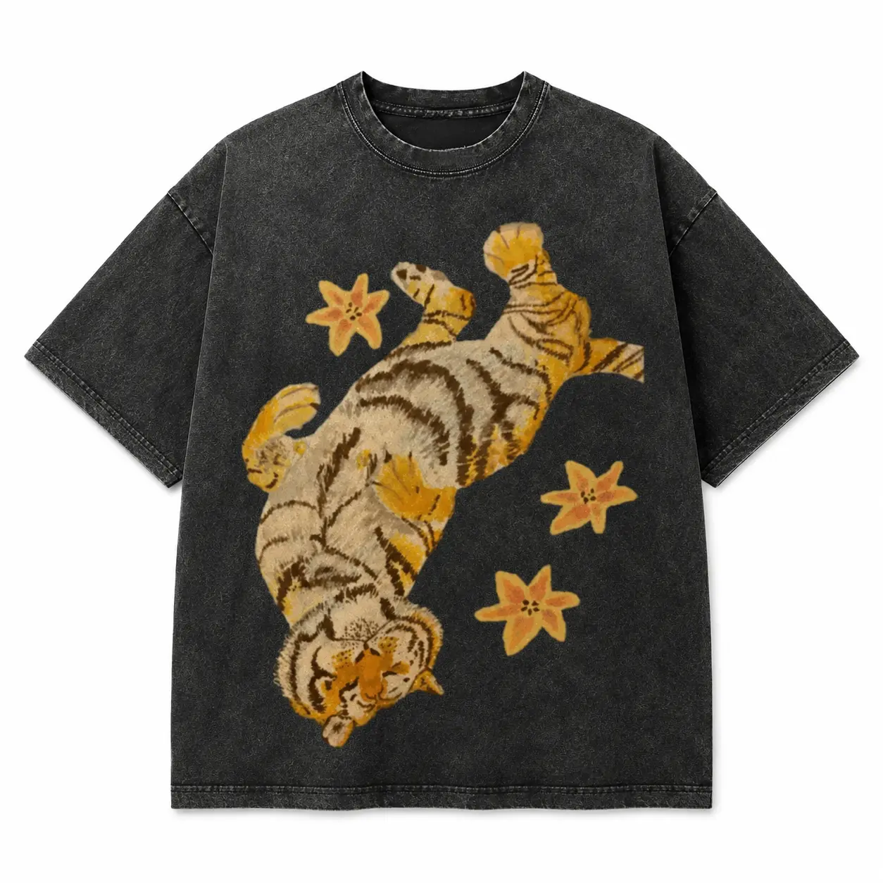 Vintage Washed Print T Shirt for Couples Featuring Tiger Pattern Star Embellishment Round Neck Short Sleeves Oversized Fit and Artistic Graphic Hem Detail