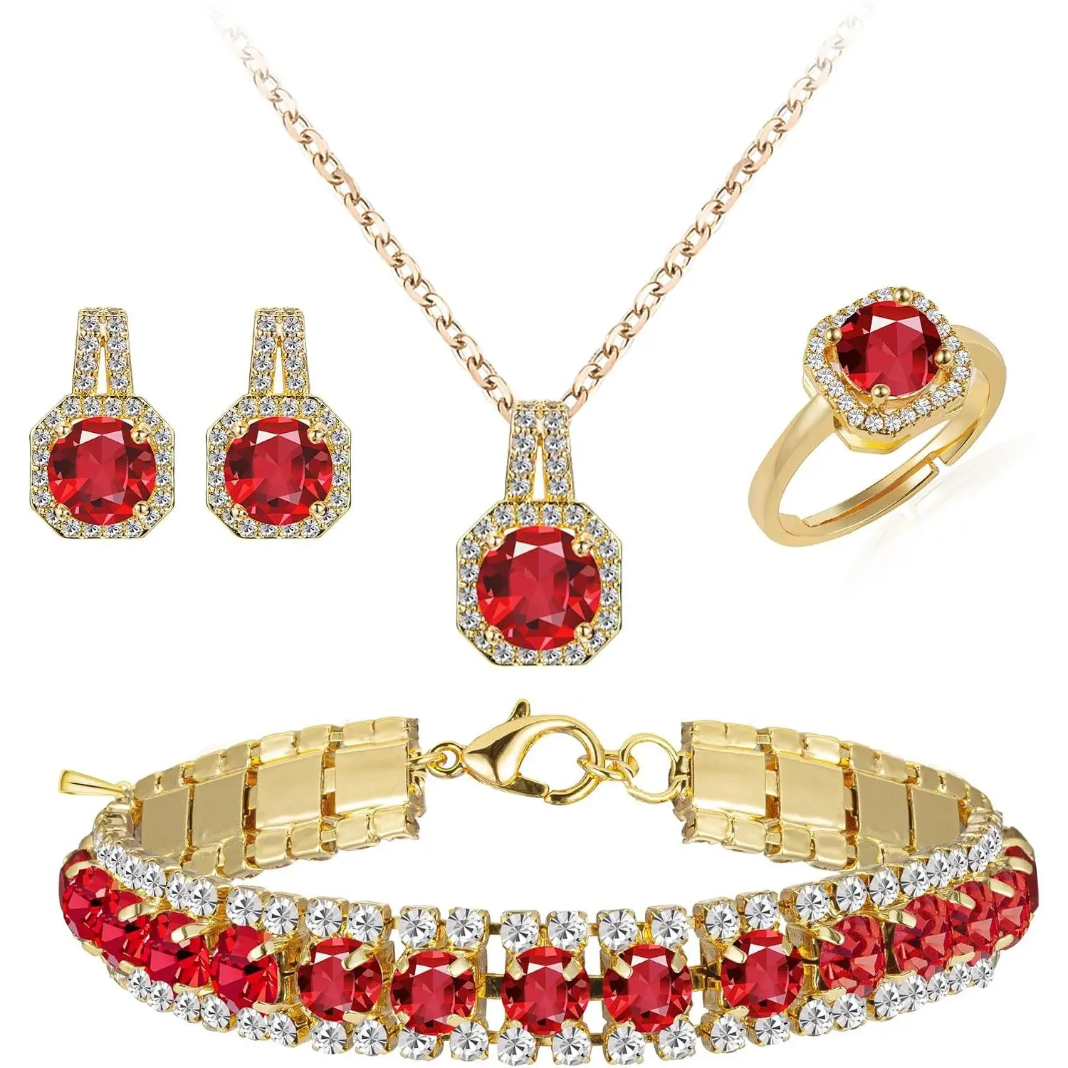 4 count Cubic Zirconia Wedding  Sets for Bride Bridesmaid Cubic Zirconia Pendant Necklace Earrings Link Tennis Bracelet Open Ring Set for Women