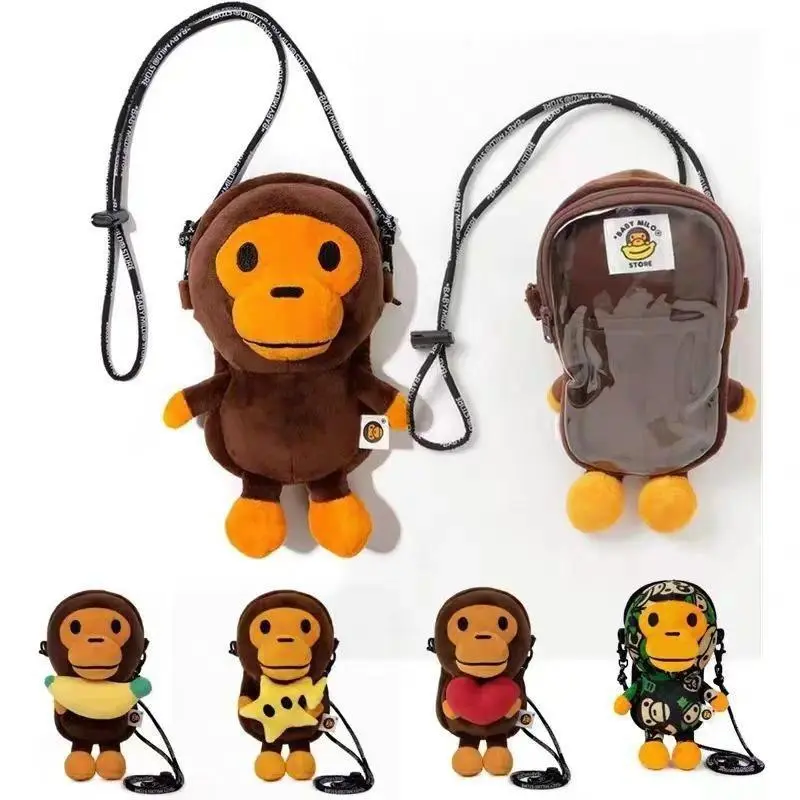 Cartoon Monkey Plush Toy Crossbody Bag, Cute Stuffed Monkey Shoulder Sling Purse, Kids Japanese Street Style Mini Phone Bag, Soft Plush Zipper Handbag for Boys Girls Holiday Gift, Streetwear, Unisex Names, Plush Toy And Bag In One