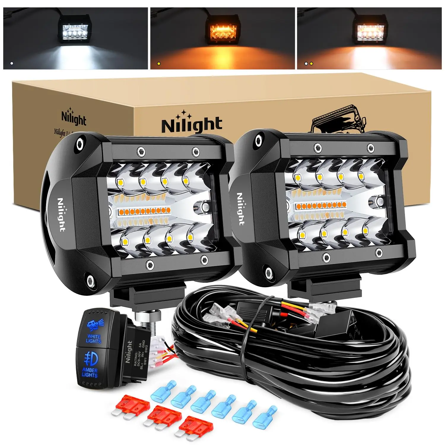 Nilight 4Inch Off-Road LED Light Bar, 2PCS 60W 3 Lighting Modes (White/Amber/White&Amber) Driving Fog Light Spot Flood Lights with 18AWG Wiring Harness for Truck Car ATV SUV Jeep Boat