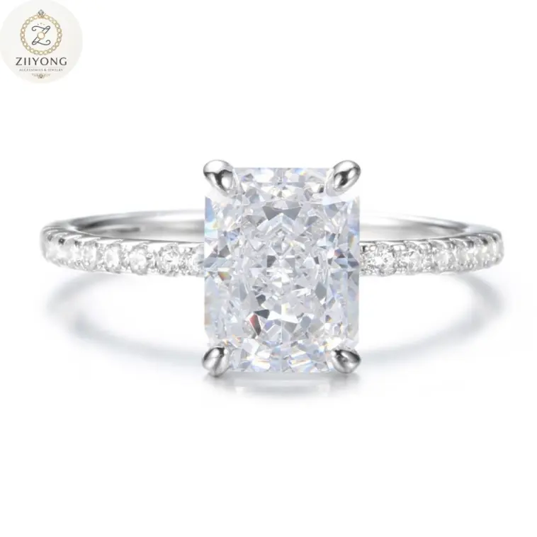 Stunning Radiant Cut Moissanite Ring  S925 Silver Pave Band  Crushed Ice Effect Luxury for Her  Diamond Alternative