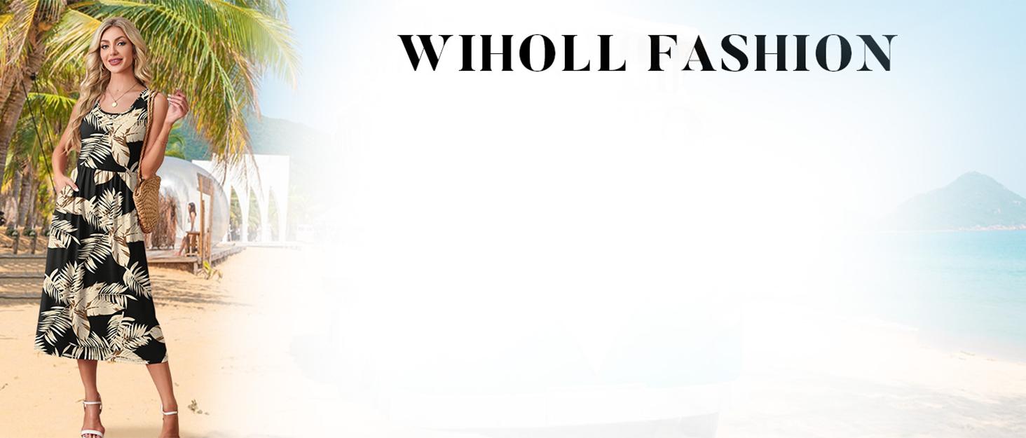 WIHOLL FASHION SwimWeek Summer Dresses for Women Flowy Casual Midi Dress Beach Vacation Sundresses with Pockets Bohemian Womenswear Sleeveless