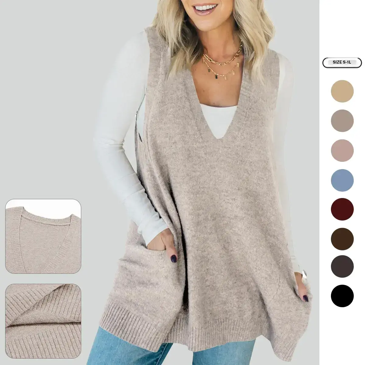 Imily Bela Womens Sleeveless Sweater Vest V Neck Casual Loose Knit A Line Flattering Tunic Top with Pockets