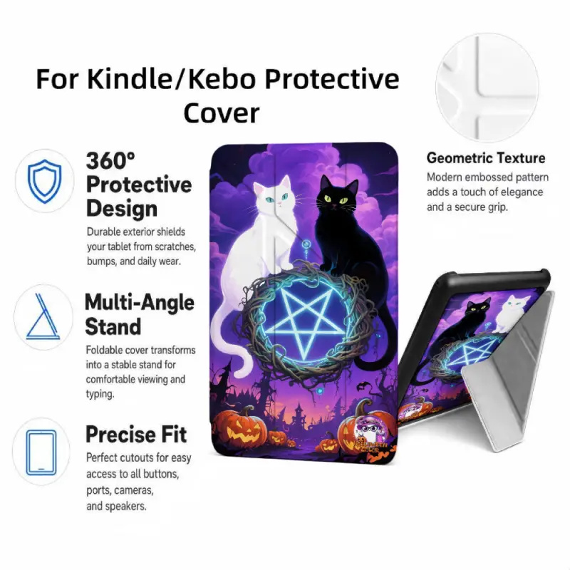 For Kindle/Kobo/Tolino Case, with stand White Cat Black Cat Magic Star Pumpkin Night for New Kindle 11Th 2019, for Kindle 11th Generation Case for Kindle 11Th (2022/2024), 6-Inch, 7-Inch Kindle Paperwhite 12Th Generation 2024 Vision Color (2024) /Vision 6