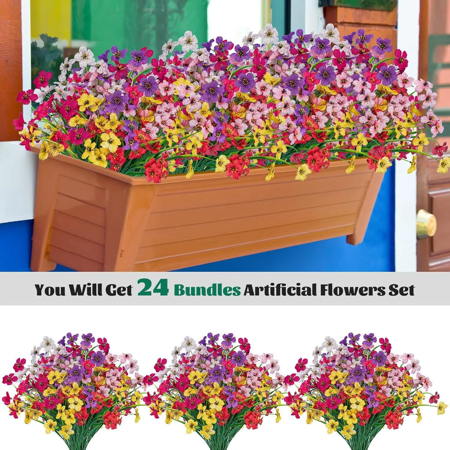 24 Bundles UV-Resistant Artificial Decorative Floral Set - Faux Silk Daisy Greenery + Door Wreath, Mixed Colors for Outdoor Indoor Home Decor (Father's Day, Front Door Use)