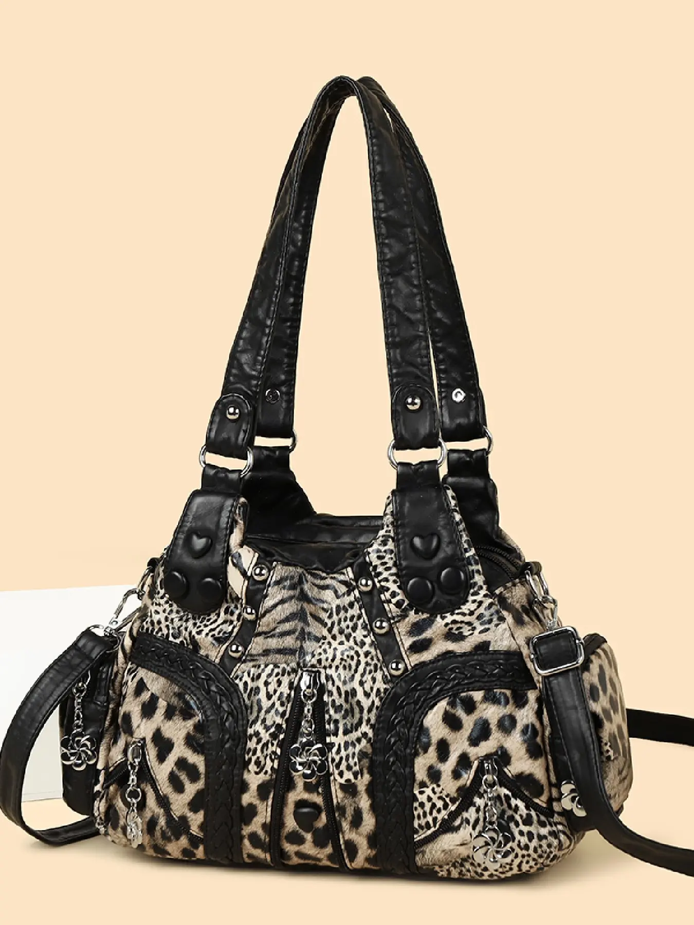 New European Style Leopard Print Crossbody Bag, Large Capacity Shoulder Bag, Adjustable Strap, Vintage Soft Leather, Floral Pendant Decor, Boho Bag, Fashion Crossbody Bags