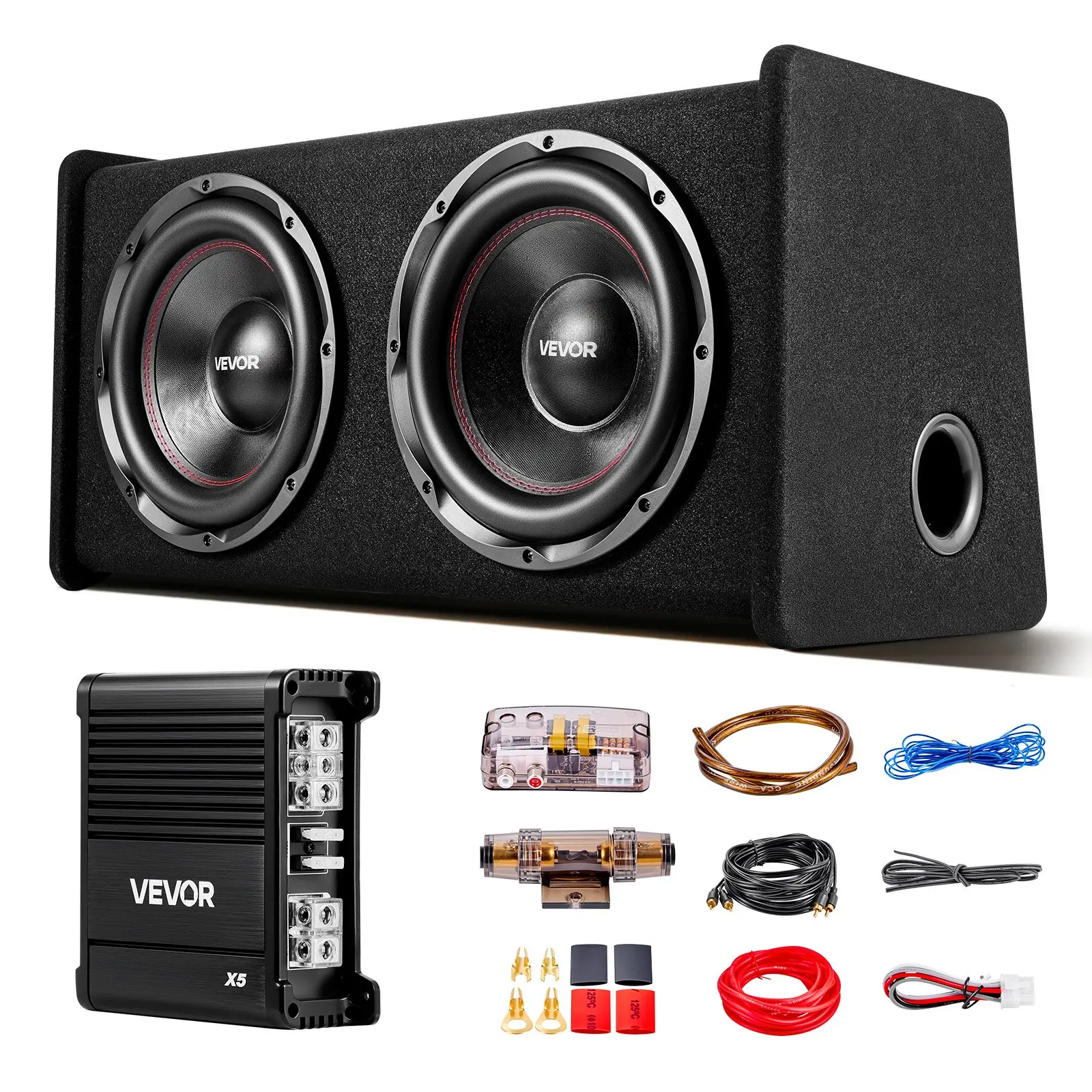 VEVOR Dual Car Audio Subwoofer & Amp Package - 12in, 490W RMS, 800W Peak, 30-200 Hz, Loaded Enclosure, Separate Amplifier, Wiring Kit, Car Audio Accessories, Powered Stereo Speaker Subwoofer for Vehicle Trunks