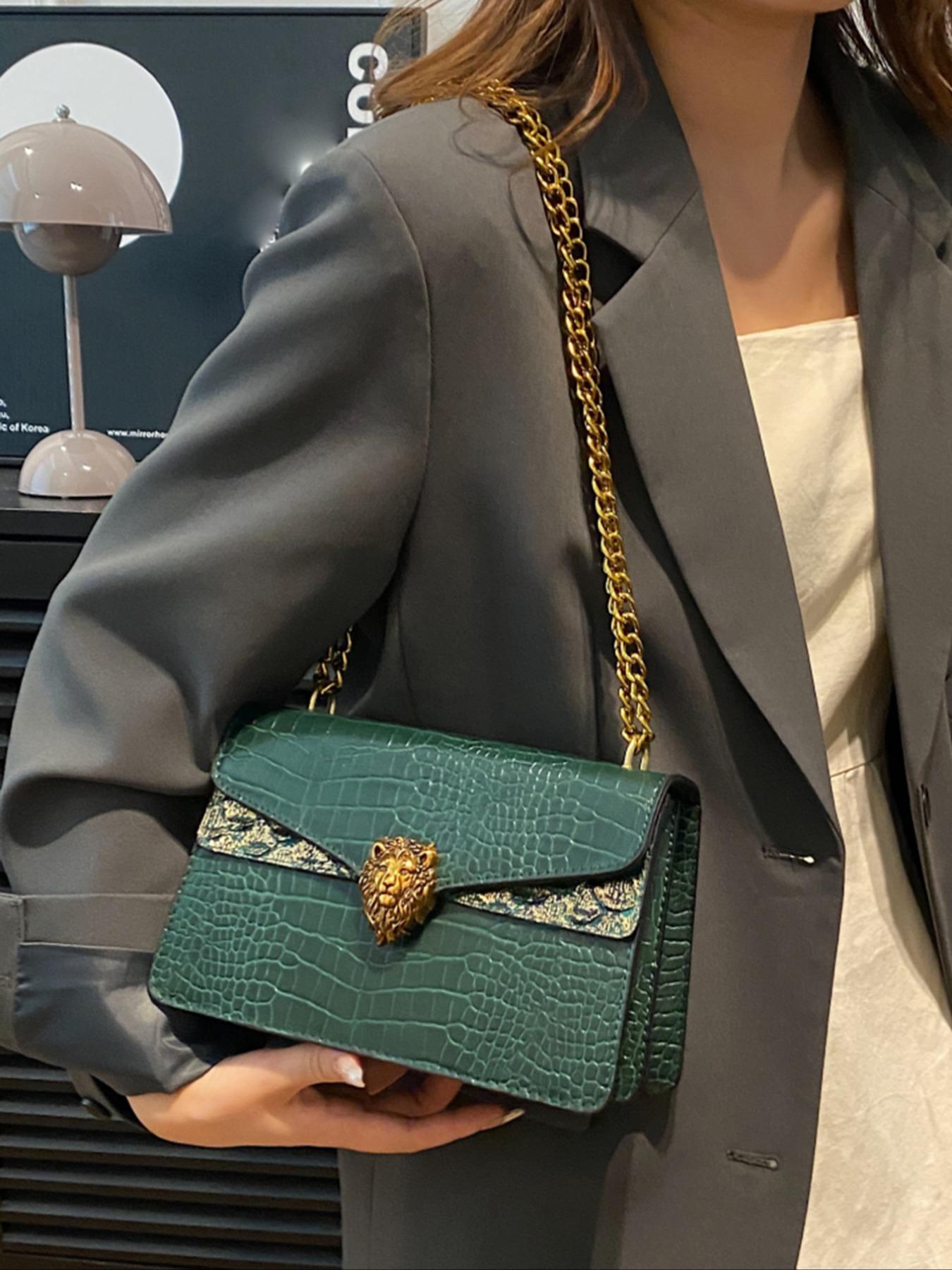 Women's Elegant Crocodile Embossed Crossbody Bag, Fashion Lion Head Decor Shoulder Bag for Daily Used, Casual Trendy Versatile High-quality Daily Commuting Bag, Chain Crossbody Bags