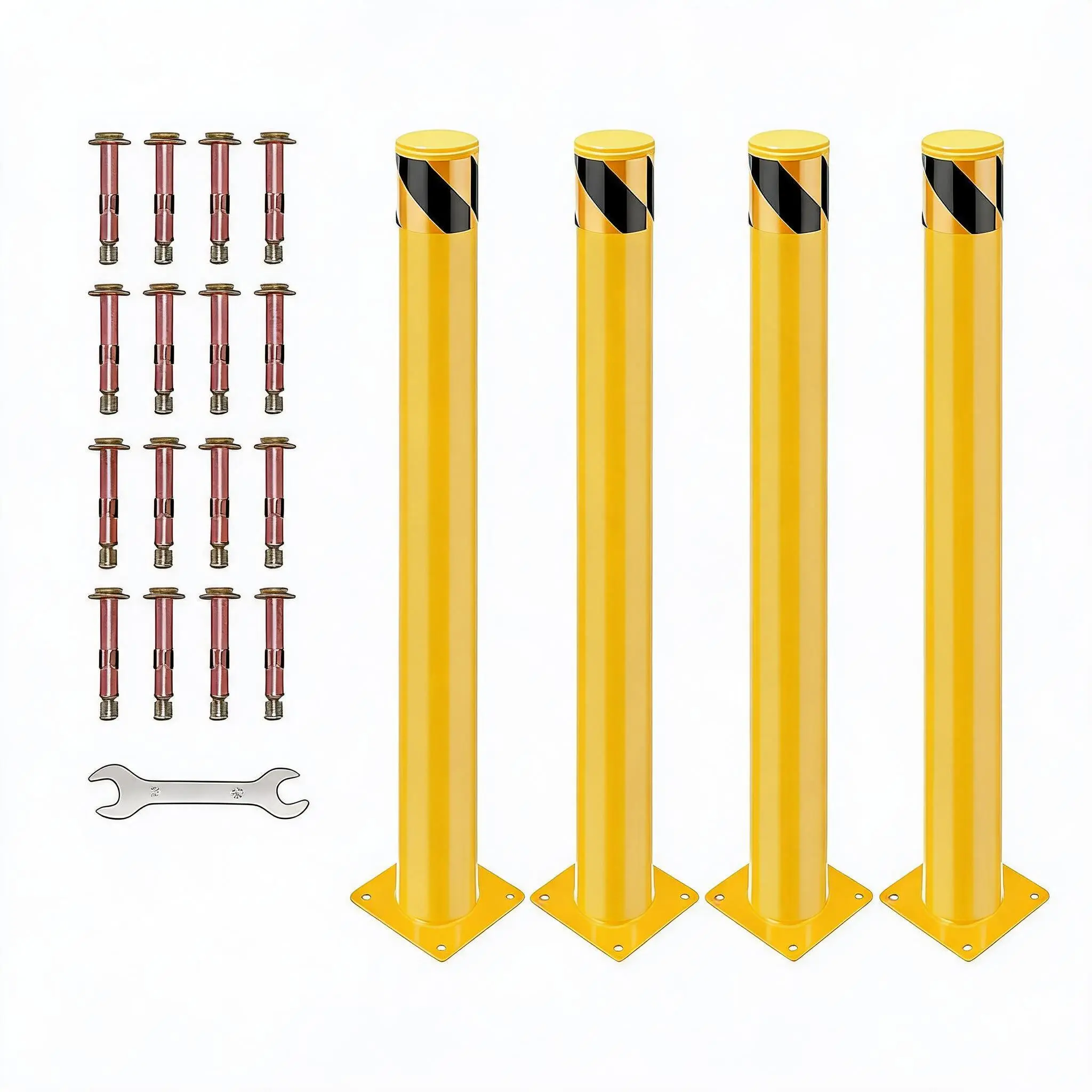 Safety Bollards 4 Pack - 42 in Durable Yellow Steel Posts with 4.5 in Diameter & 16 Anchor Bolts for Optimal Traffic Control & Driveway Protection