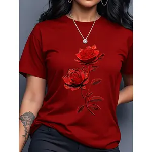 Women's Halloween Knitted Floral Print Round Neck Short-Sleeve T-Shirt - Breathable Fabric, Comfortable Fit for Summer Sports, Outdoor Activities | Women's Clothes, Sports Top, Casual Clothes