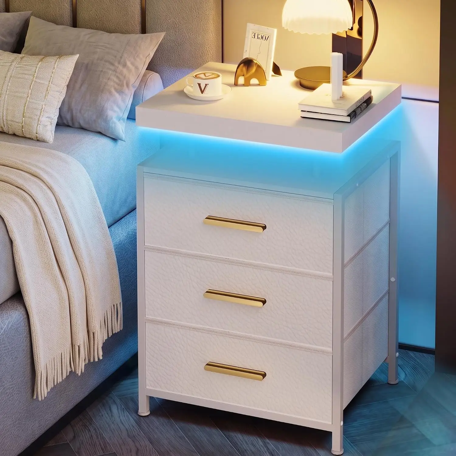 Nightstand with LED Lights, 3 Fabric Storage Drawers, Bedside Table with Floating Wood Top and PU Leather Fronts, Compact Modern End Table for Bedroom, Living Room or Dorm, White