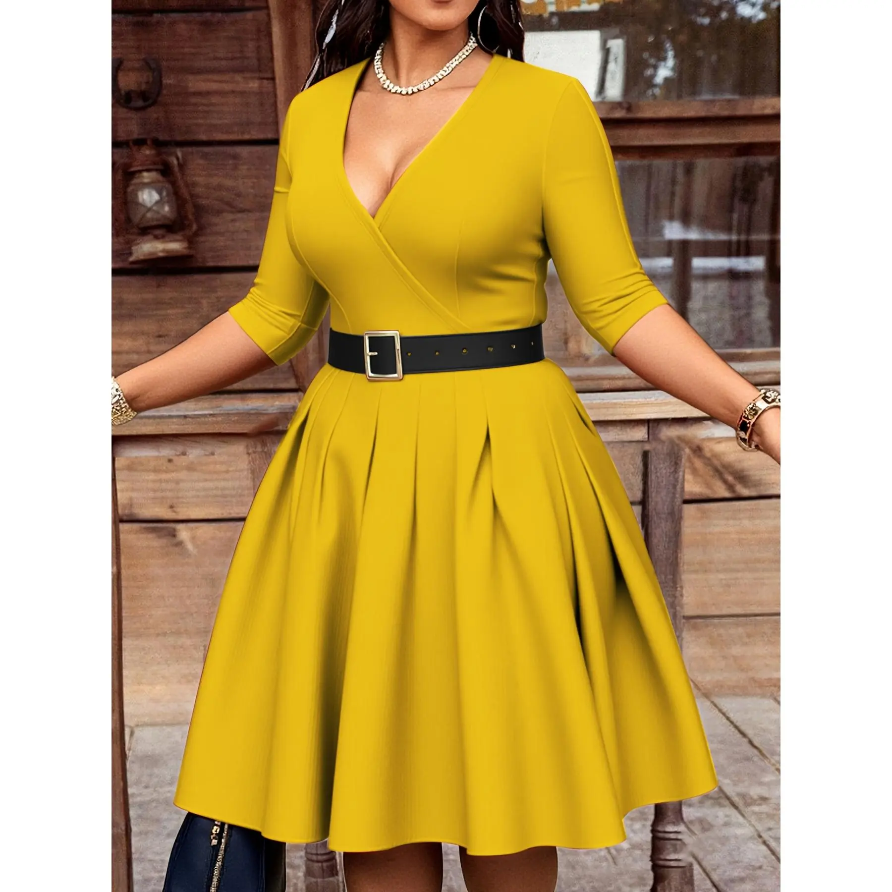 Women'S Spring And Autumn Casual Fashion Banquet Party Vacation Orange-Red Cross V-Neck Back Zipper Design with Belt French Texture High-End Niche Slim A-Line Pleated Temperament Gentle Elegant Dress