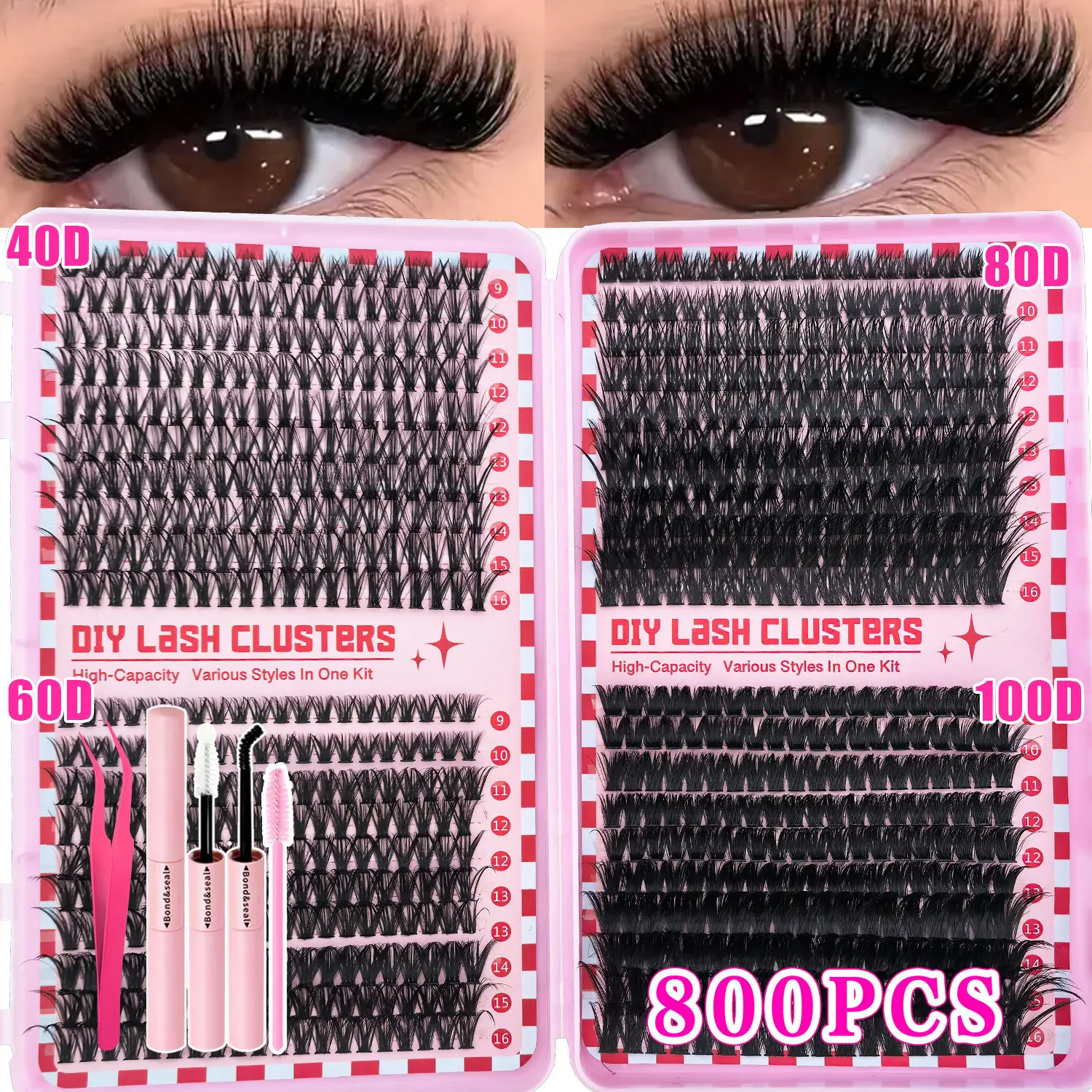 800Pcs eyelash book DIY Eyelash Cluster 40 + 60 + 80 + 100P dense and lengthened, including forceps + glue + brush combination set, includes lash tools, a must for beauty