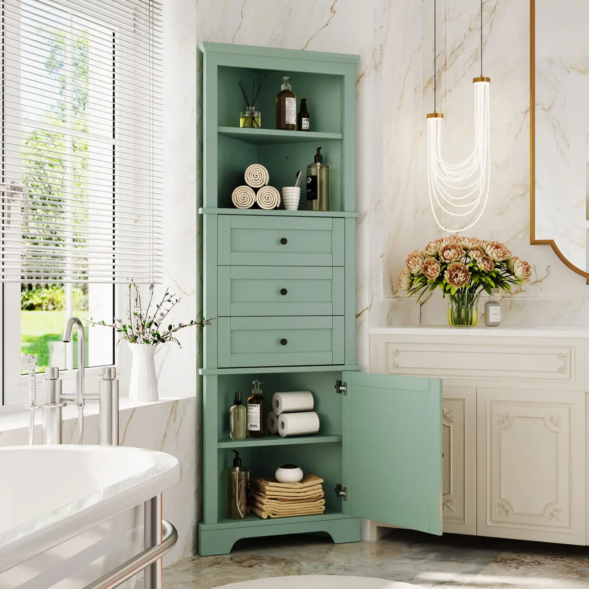 Triangle Shape Green Corner Cabinet with 3 Drawers & Adjustable Corner Shelves for Bathroom & Kitchen, MDF Board with Painted Finish, Requires Setup (Old Sku:WF306469AAG) WL RR