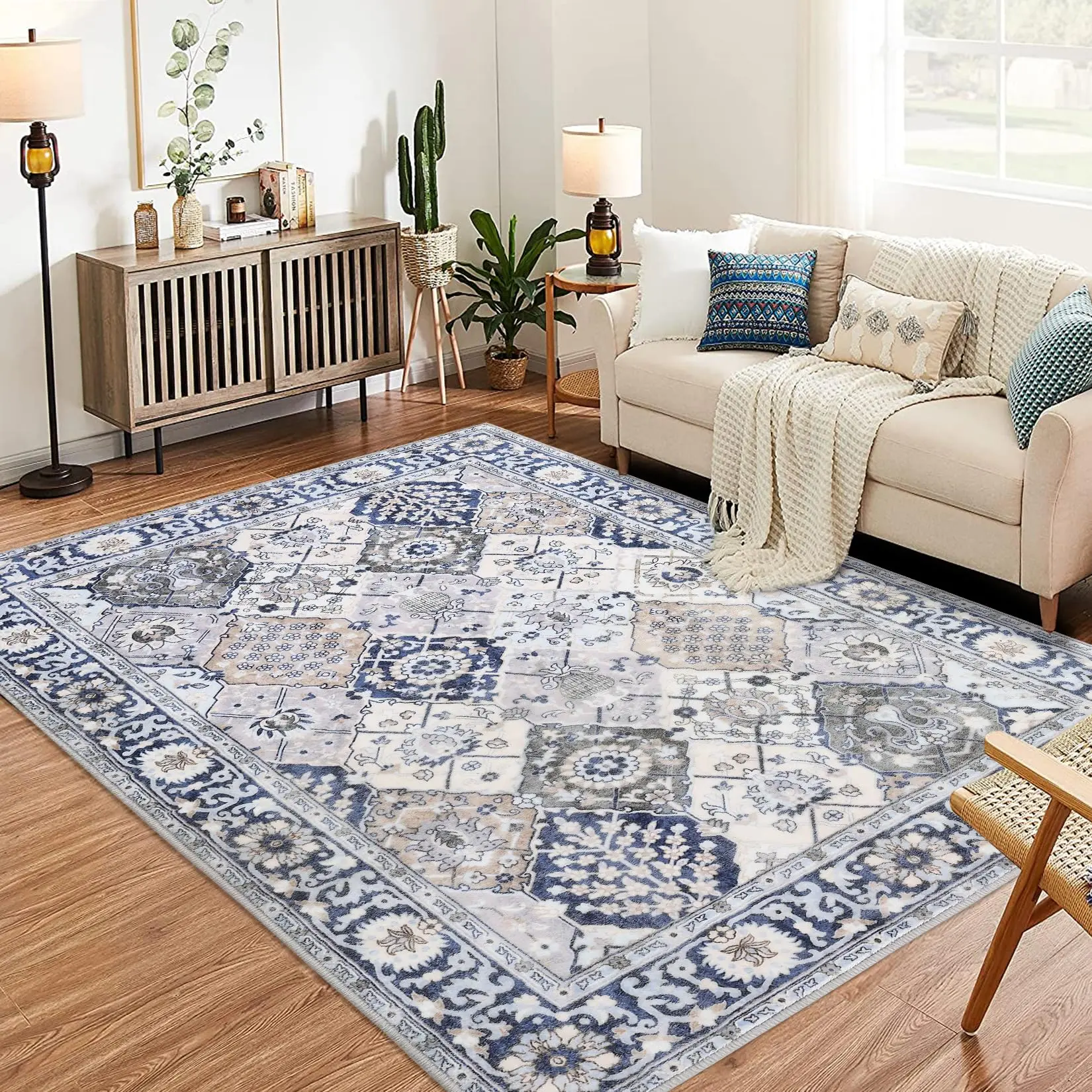 GARVEEMoroccan Trellis Rugs: Vintage Floral Print, Non-Slip, Washable Carpets for Entryway, Living Room, Kitchen, Bedroom, Laundry Room. Available Sizes: 2x3 to 9x12. Colors: Beige Blue, Grey Green, Grey Brown.