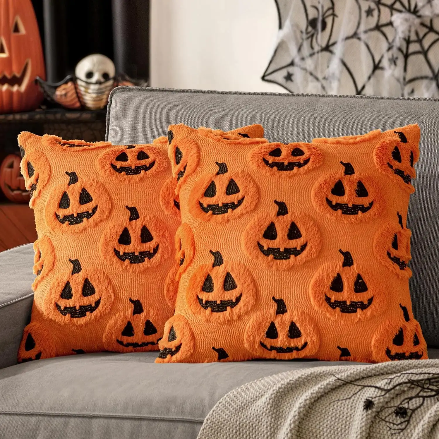 Halloween Throw Pillow Covers 18x18, Fleece Embroidered Soft Faux Wool Pillowcases, Modern Farmhouse Style Aesthetic Autumn Home Decor, Cozy Winter Holiday Cushion Shells for Patio Sofa Couch Chair