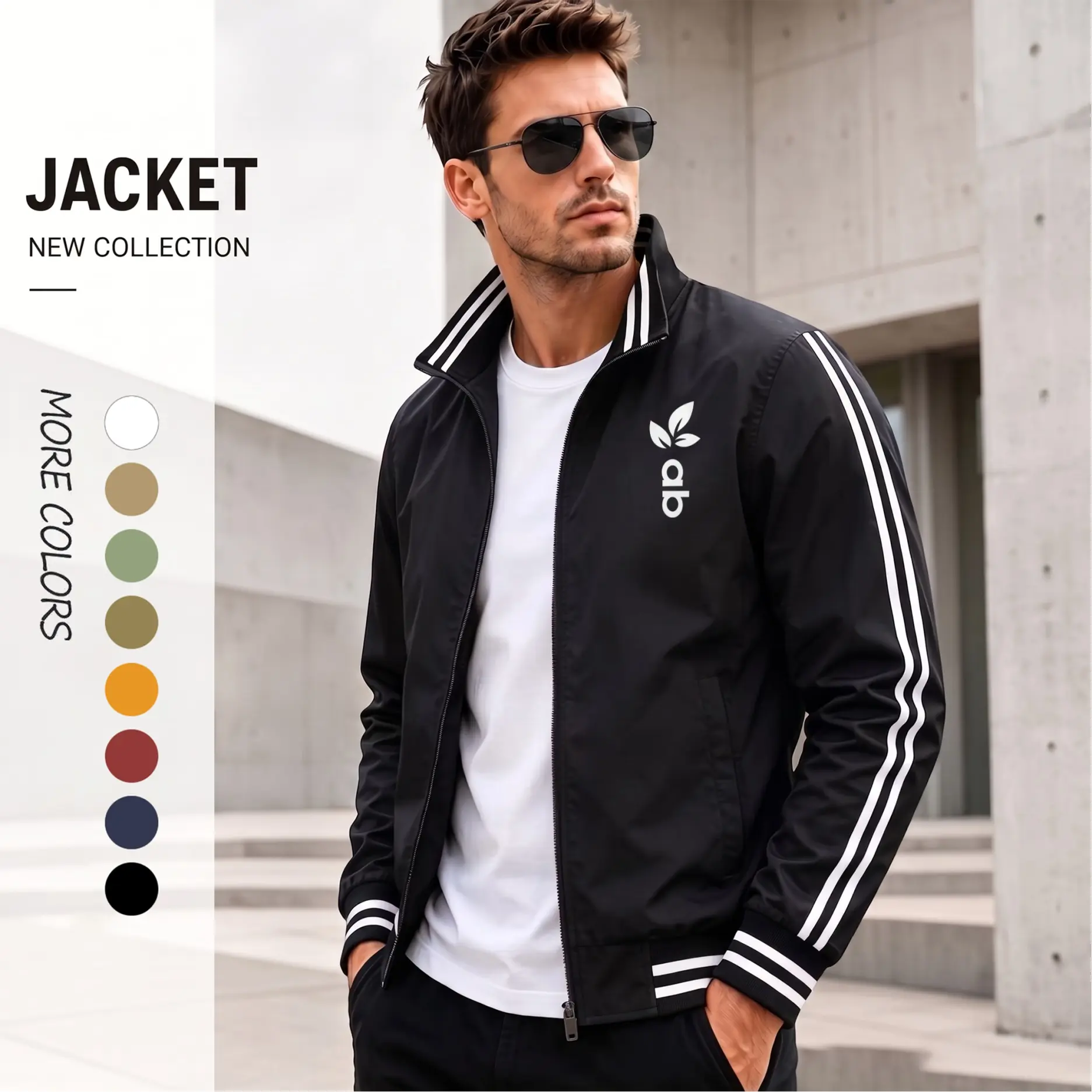Men’s New Collection Athletic Bomber Jacket – Lightweight Zip-Up Jacket with Minimal Logo Print, Stripe Sleeve Detail & Clean Modern Streetwear Fit