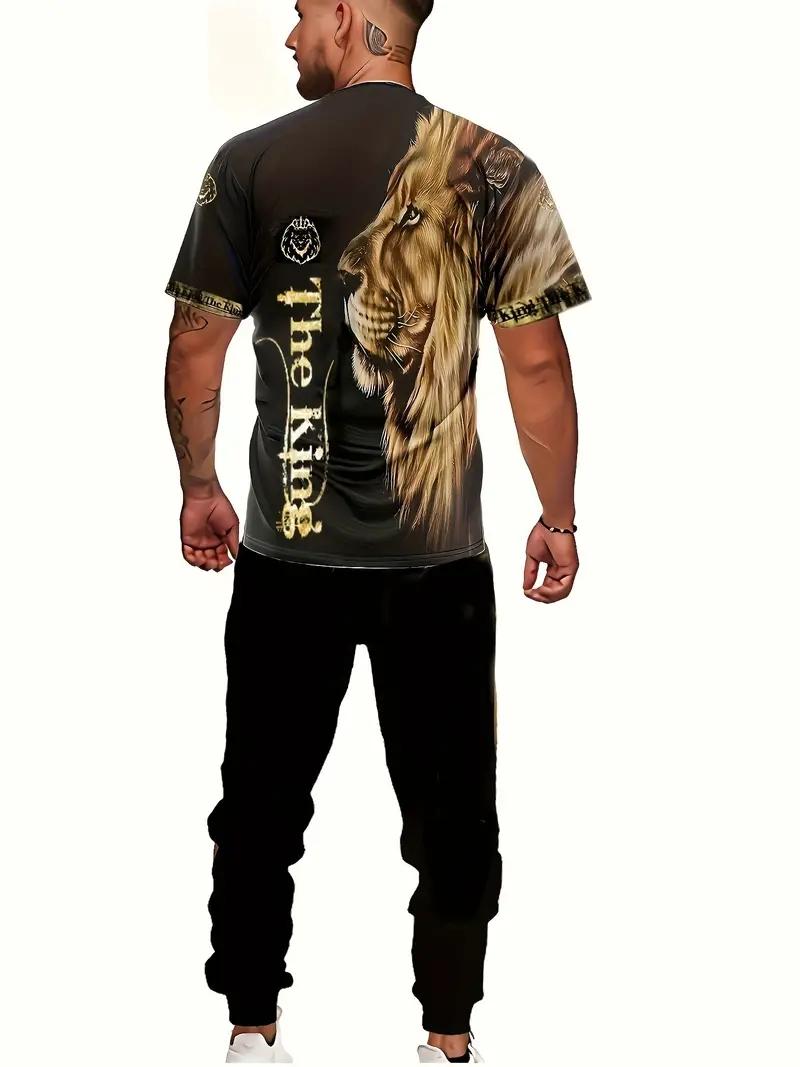 Men's 2-Piece Lion Printed Sportswear Set - Short-Sleeved T-Shirt, Pants, Summer Comfortable Menswear Clothing Set