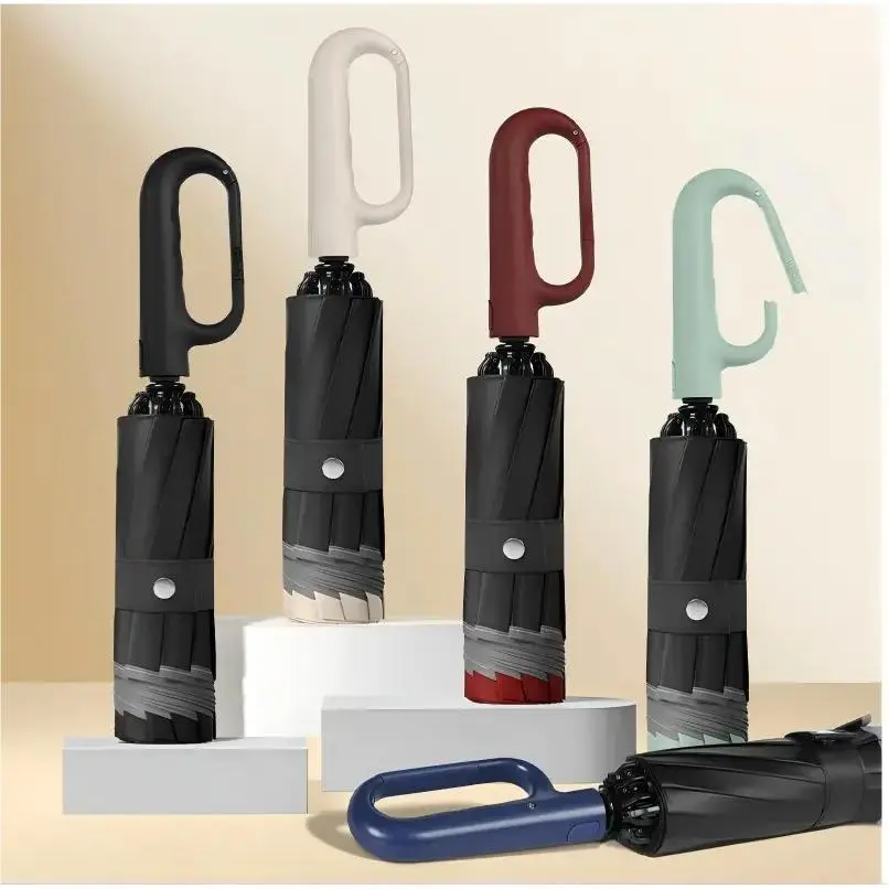 23in High-End Unisex Reverse-Buckle Ring-Lock Umbrella, Extra-Large Alloy Fully Automatic, Thick Reinforced Frame, Reflective Strip, Car-Use All-Weather Black Umbrella with Cast Iron, Silicone, Metal Components