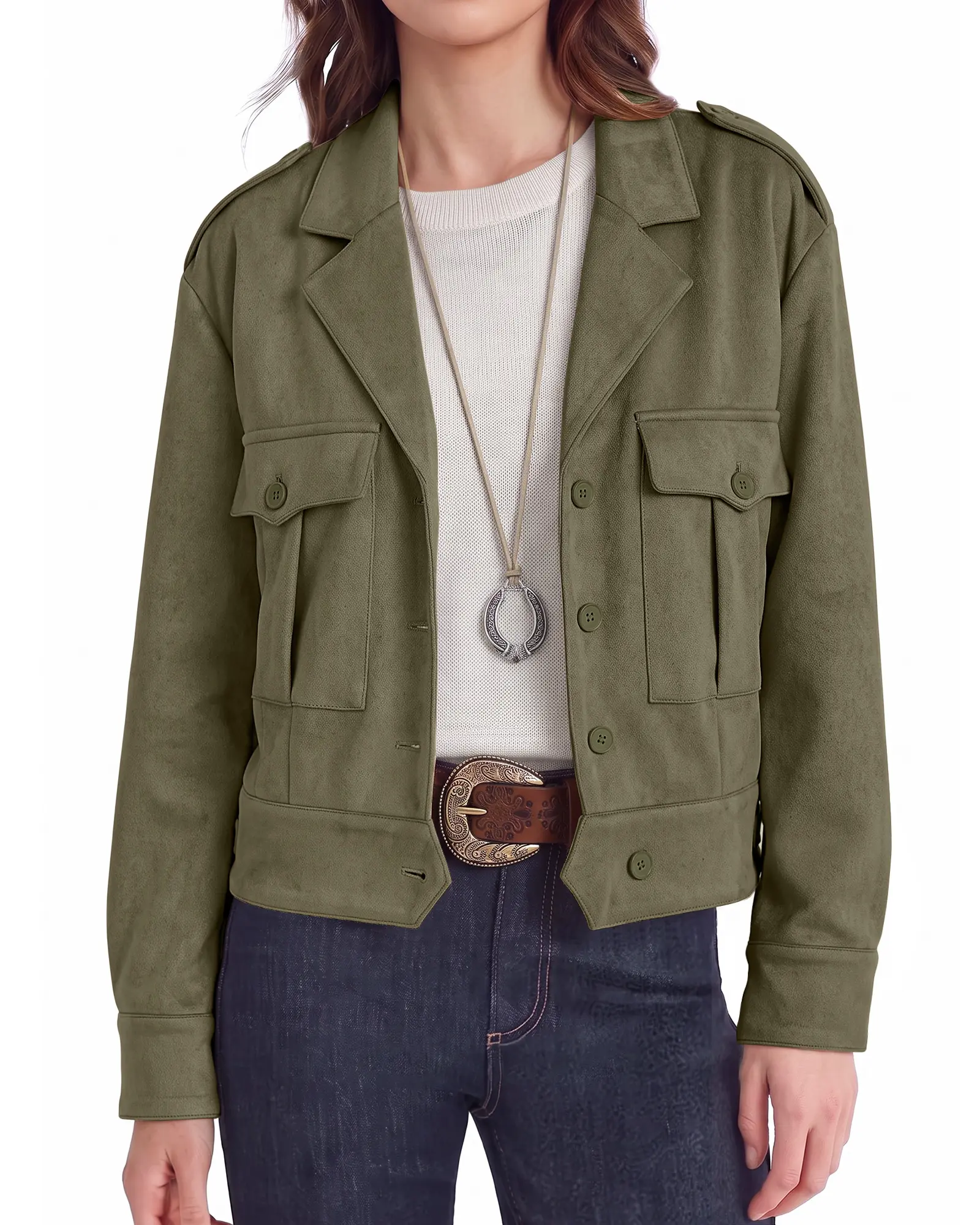 luvamia Women's Cropped Suede Jacket - Long Sleeves, Button Down, Lapel Collar, Front Pockets, Western Trendy Fall Outerwear, Tops, Everyday Wear, Machine Washable, Country Concert Outfits, Adjustable