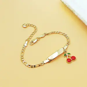 14K Gold Plated Kids Cherry Bracelet with Blank Bar Minimalist Sweet Fruit Charm Wristband Cute Geometric Link Chain Toddler Birthday Jewelry Gift