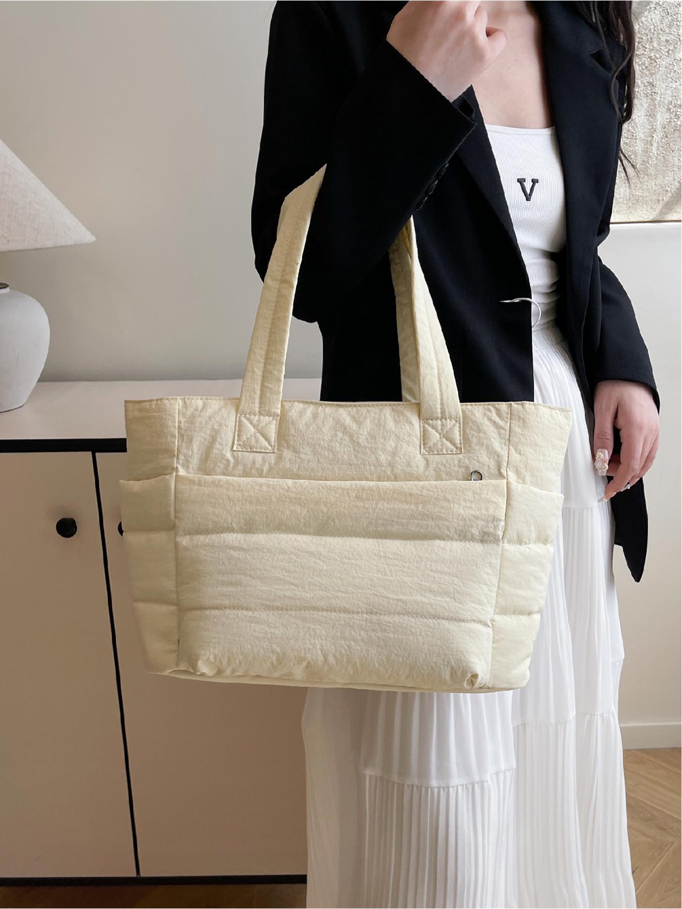 Women's Solid Color Quilted Tote Bag, Fashionable Large Capacity Shoulder Bag for Work & Daily Used, Casual Trendy Versatile High-quality Daily Commuting Bag, Quilted Work Bags