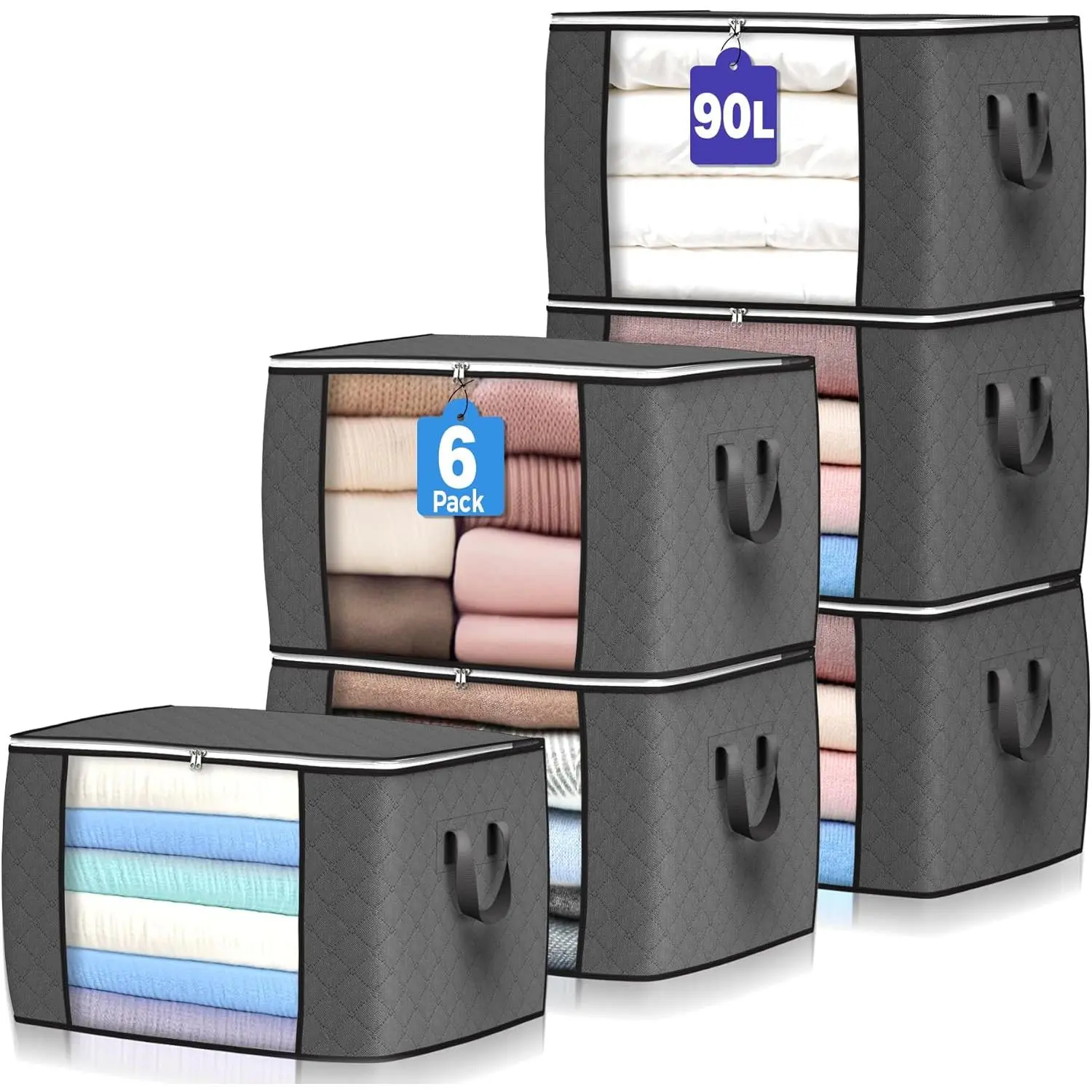 90L Large Storage Bags, 6 Pack Clothes Storage Bins Closet Organizers| Foldable Storage Containers, with Reinforced Handle, for Clothing, Blanket, Comforters, Bed Sheets, Pillows and Toys,Gray