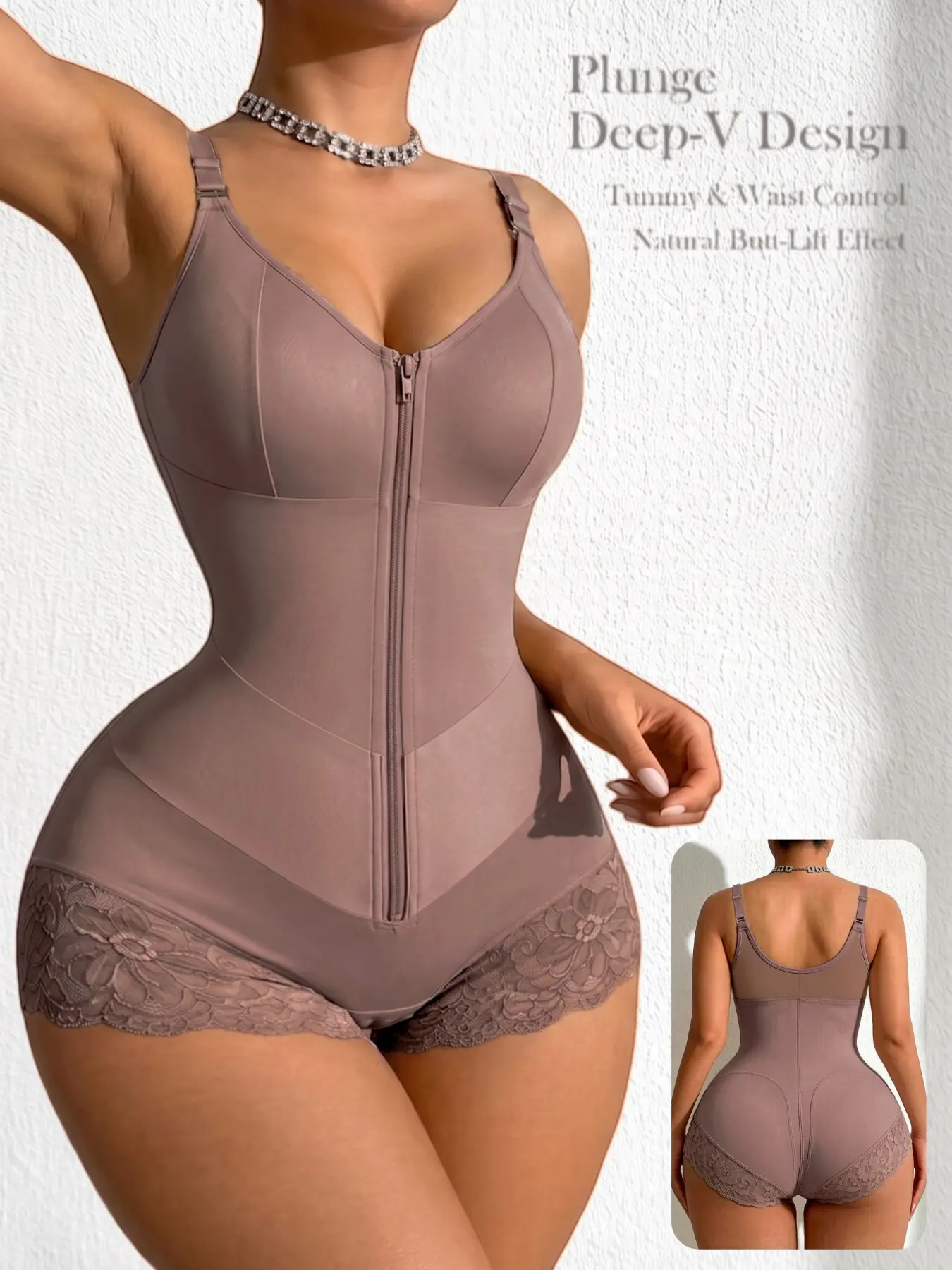 1 Count Women's Tummy Control and Butt Lifting Bodysuit, Colombian Shapewear, Fajas, Sexy Lace Antislip Shapewear, V-shape High Compression Body Shaper, Solid Color Comfortable Hooks Crotch Jumpsuit, Suitable for Party & Outdoor Activity