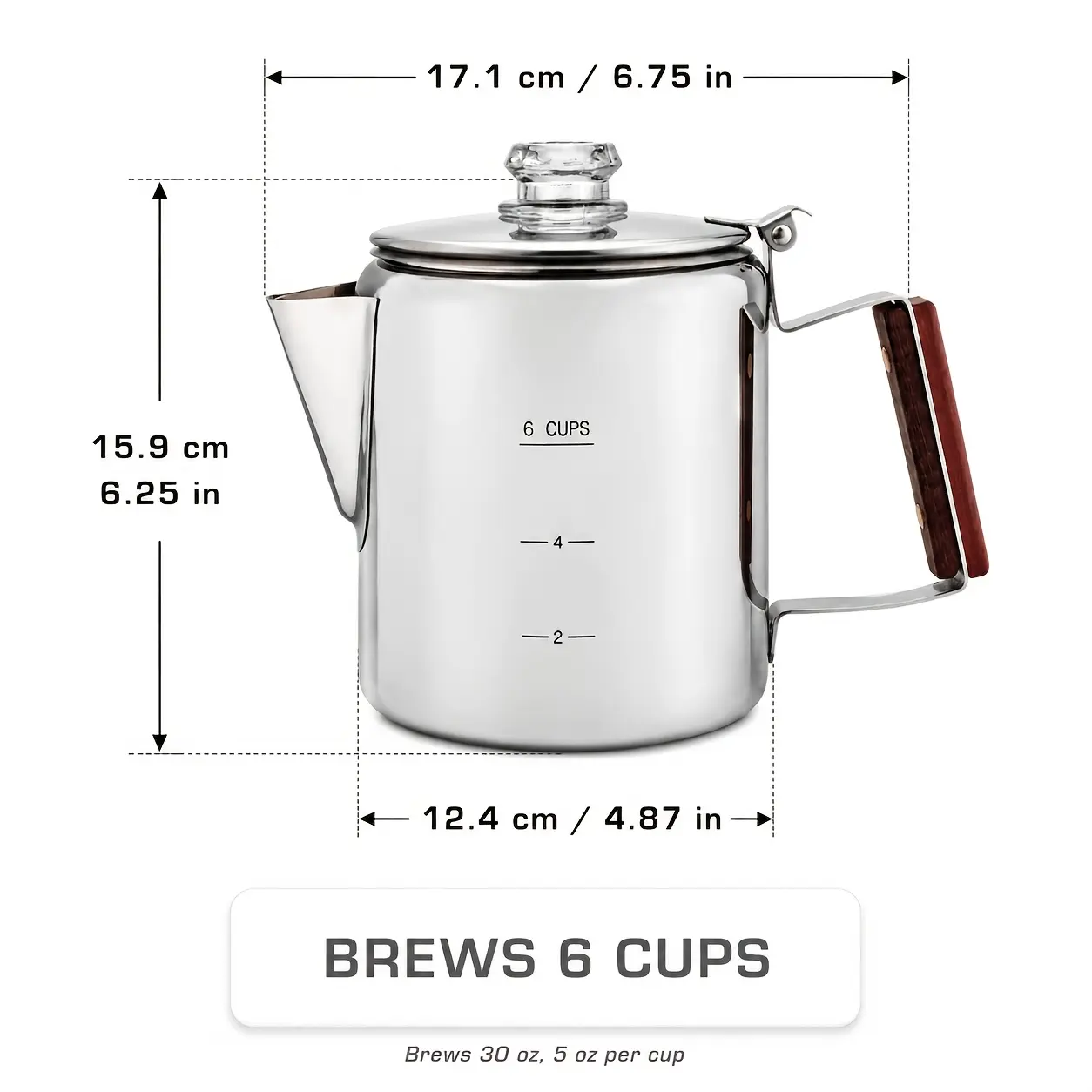 Pure Stainless Steel Coffee Percolator Pot for Camping & Home -Heavy Duty Stovetop Coffee Maker, No Aluminum or Plastic, Glass View Knob & Wood Handle