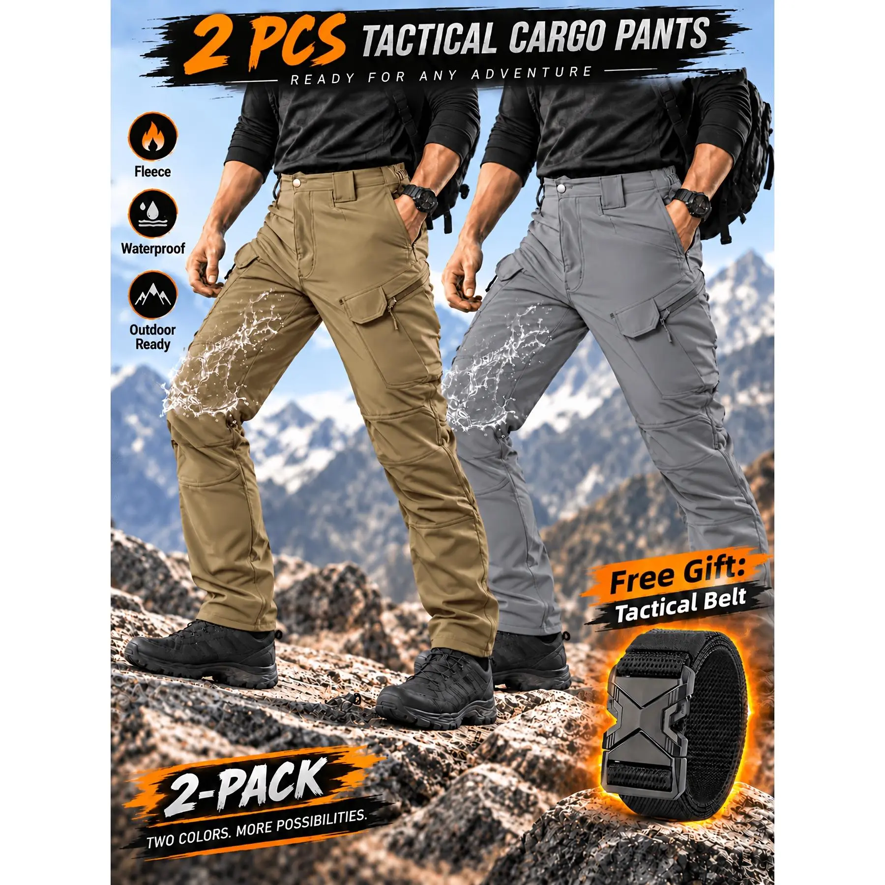 2 Pack Men's Fleece Lined Cargo Pants with Free Belt, Stretch Multi-Pocket Utility Pants for Work & Outdoor