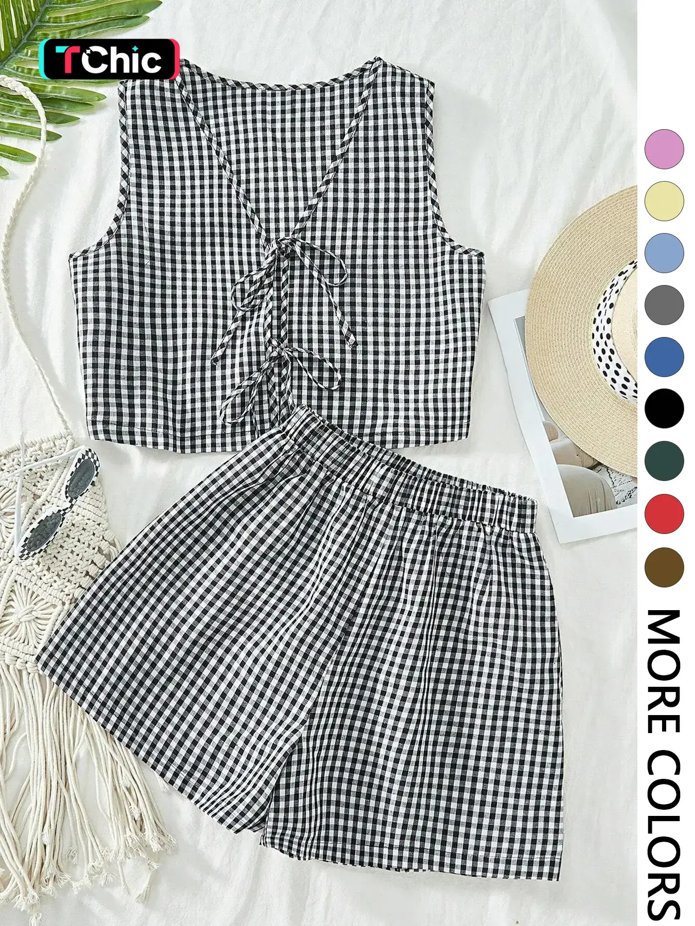 2-piece plaid striped sleeveless crop top vest and high-waisted loose shorts women's casual suit, summer Clothes and Shorts